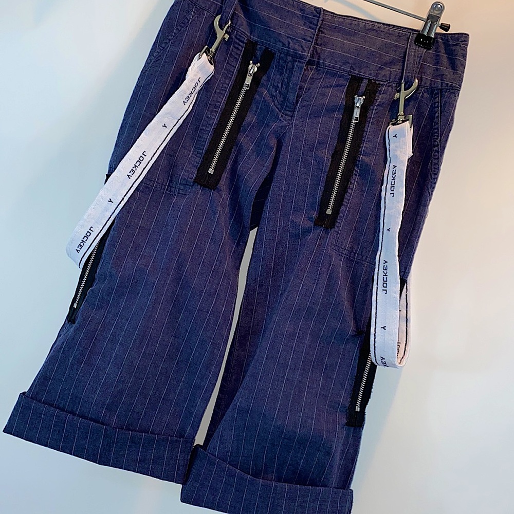 Pinstripe cotton linen bondage strap Capri pants